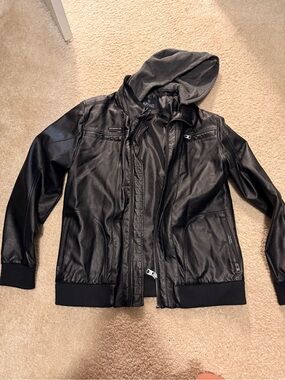 Buffalo David Bitton Black Faux Leather Bomber Jacket with Gray Hood
